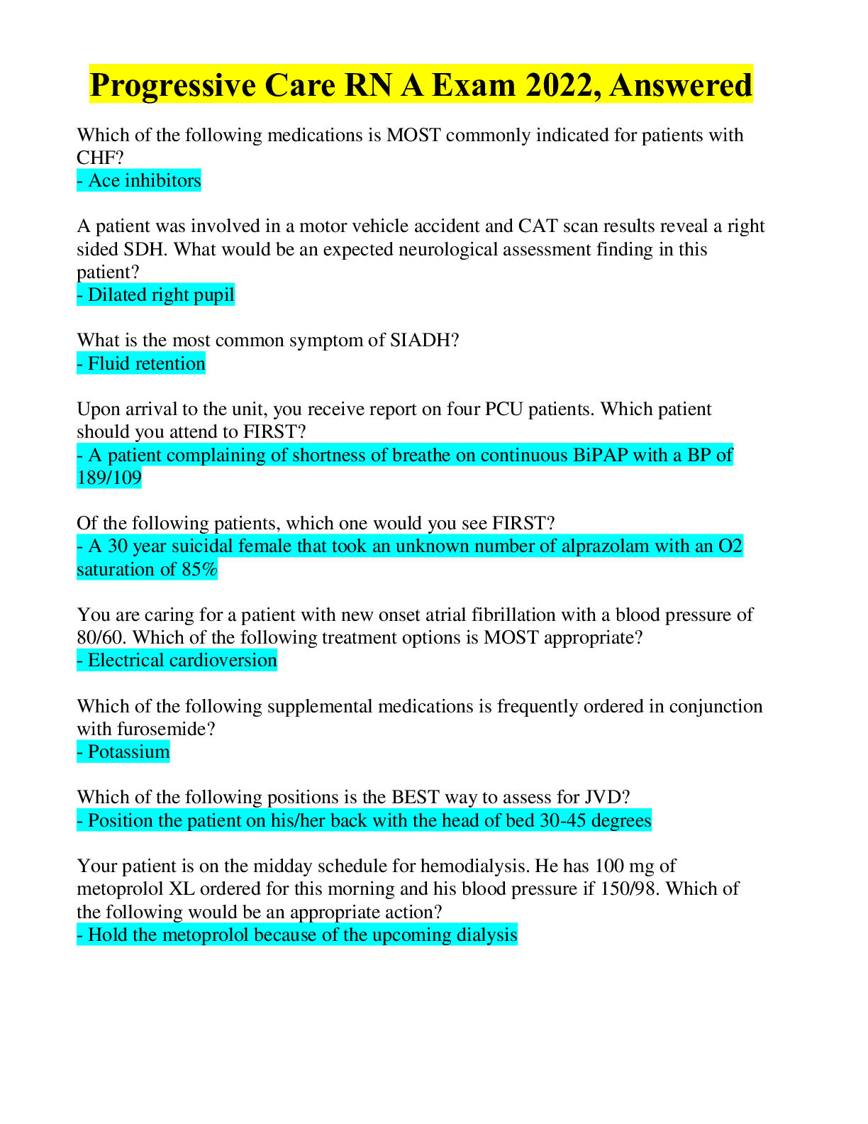 Preview image for Progressive Care RN A Exam 2022, Answered